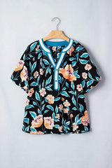 Black Floral Short Bubble Sleeve Buttoned Notched Neck Blouse