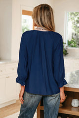 Dirty blue Leopard Trim V Neck Flounced Bracelet Sleeve Blouse