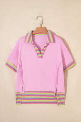 Pink Rainbow Stripe Ribbed Patchwork Raw Seam Oversize Polo Tee