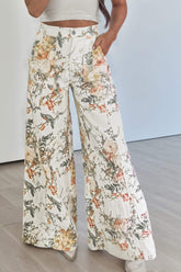 Beige Vintage Style Floral Print High Waist Wide Leg Jeans