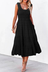 Black Shirred Pleated Square Neck Sleeveless Midi Dress