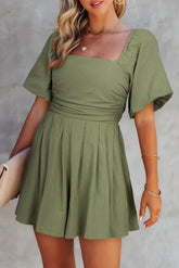 Jungle Green Square Neck Ruched Puff Sleeve Romper