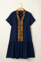 Navy Blue Button Detail Leopard Metallic Trim Short Sleeve Tunic Dress