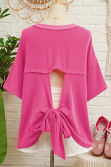 Rose Red Spiral Ribbed Cutout Bow Knot Back Oversize T Shirt