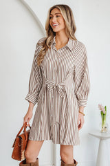 Brown Stripe Knot Waist Puff Sleeve Button Down Mini Shirt Dress