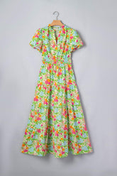 Green Floral Print V Neck Short Puff Sleeve Cotton Maxi Dress