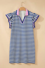 Dark Blue Striped Shift Dress Colorblock V Neck Short Sleeve Casual Summer