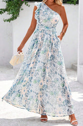 Sky Blue Floral Print Ruffled One Shoulder Vacation Maxi Dress