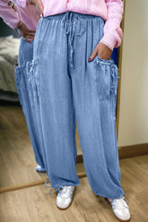Beau Blue Drawstring Elastic Waist Pocketed Loose Denim Pants