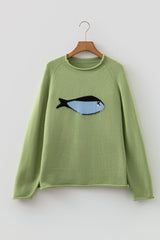 Meadow Mist Green Unique Fish Knit Oversized Round Neck Sweater