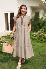 Black Stripe Plus Size Slit V Neck Tiered Flutter Sleeve Maxi Dress