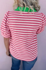Pink Stripe Short Puff Sleeve Color Block Polo Collar Blouse