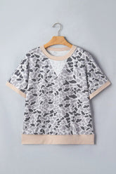 Gray Camouflage Print Twisted Ribbed Patchwork Casual T Shirt
