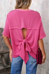 Rose Red Spiral Ribbed Cutout Bow Knot Back Oversize T Shirt