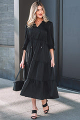 Black Flounced Bracelet Sleeve V Neck Tiered Maxi Dress