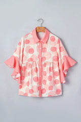Pink Double Polka Dot Printed Ruffle Trim Short Sleeve Babydoll Shirt