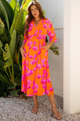 Orange Floral Print Frilly Smocked V Neck 3/4 Sleeve Long Dress