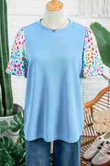 Pink Round Neck Textured Contrast Floral Bubble Sleeve Blouse