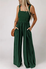 Ginger Smocked Sleeveless Wide Leg Jumpsuit with Pockets