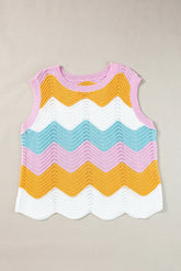 Multicolour Striped Colorblock Scalloped Hem Knitted Vest
