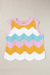 Multicolour Striped Colorblock Scalloped Hem Knitted Vest