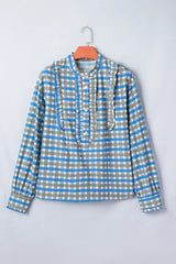 Sky Blue Plaid Long Sleeve Frilled Detail Half Button Blouse