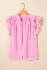 Bonbon Plus Size Textured Tassel Tie V Neck Ruffle Short Sleeve Blouse