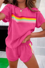 Rose Red Vibrant Striped Detail Athleisure 2pcs Short Set