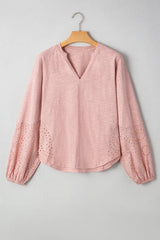 Light Pink Keyhole Notch V Neck Batwing Sleeve Blouse