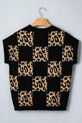 Red Leopard Checkerboard Short Sleeve Knit Sweater