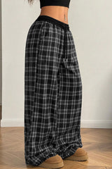 Black Frenchy Plaid Pattern Contrast Drawstring Waist Wide Leg Pants