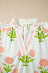 Pink Plus Size Floral Print Striped Trim V Neck Blouse