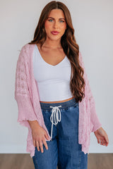 Pink Drop Shoulder Crochet Knit Open Front Sweater Cardigan