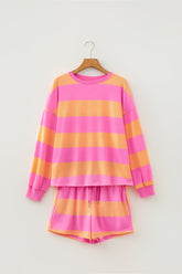 Pink Stripe Long Sleeve Casual Top Drawstring Shorts 2pcs Set