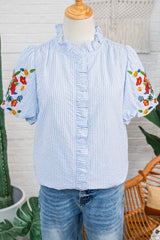 Sky Blue Stripe Floral Embroidered Puff Sleeve Ruffle Trim Shirt