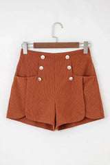 Clay Button Decor Scalloped Edge High Waist Corduroy Shorts