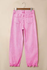 Pink Acid Wash High Waist Uneven Raw Hem Shift Jeans