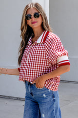 Red Gingham Striped Patchwork Half Zip Blouse