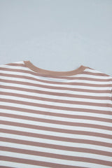 Orange Stripe Ribbed Trim Round Neck Short Puff Sleeve Plus T Shirt