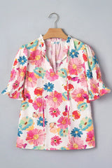 Beige Vibrant Summer Floral Tie V Neck Short Puff Sleeve Blouse