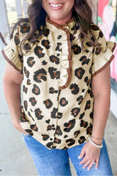 Khaki Plus Size Leopard Print Frilled Color Block Trim Button Down Short Sleeve Blouse