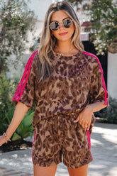 Brown Contrast Striped Accent Leopard Short Set