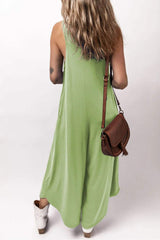 Grass Green Sleeveless V Neck Pocketed Wide Leg Jumpsuit