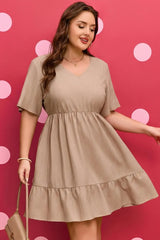 Dark Khaki Plus Size Textured Ruffled Short Sleeve Dress