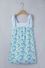 Sky Blue Floral Print Striped Patchwork Bow Knot Straps Mini Dress