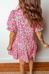 Pink Floral Print V Neck Patchwork Short Bubble Sleeve Mini Dress