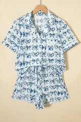 Sky Blue Bow Print Short Pajama Set