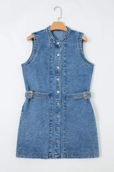 Myosotis Western Belt Button Down Sleeveless Denim Short Dress