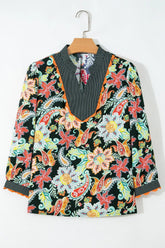 Black Contrast Ricrac Trim Striped Edge Patchwork Floral Print Blouse