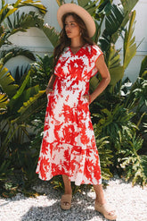 Red Floral Print Trimmed V Neck Ruffle Sleeve Long Dress
